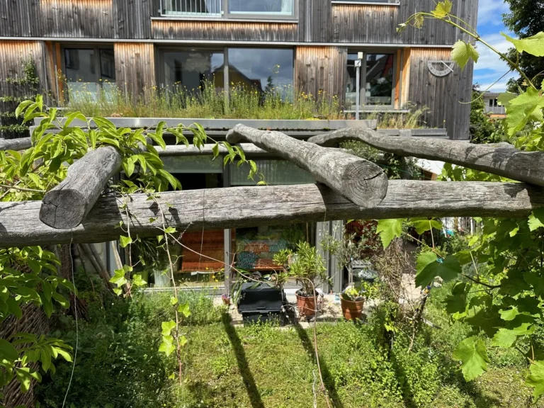 Garten mit Rankgerüst und Wintergarten mit Dachbegrünung