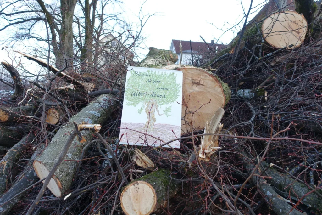 Abgesägte Äste mit Demo-Plakat 