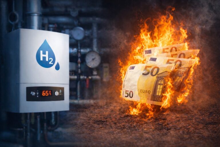 KI-Bild Wasserstoff-Therme und brennende Euro-Scheine